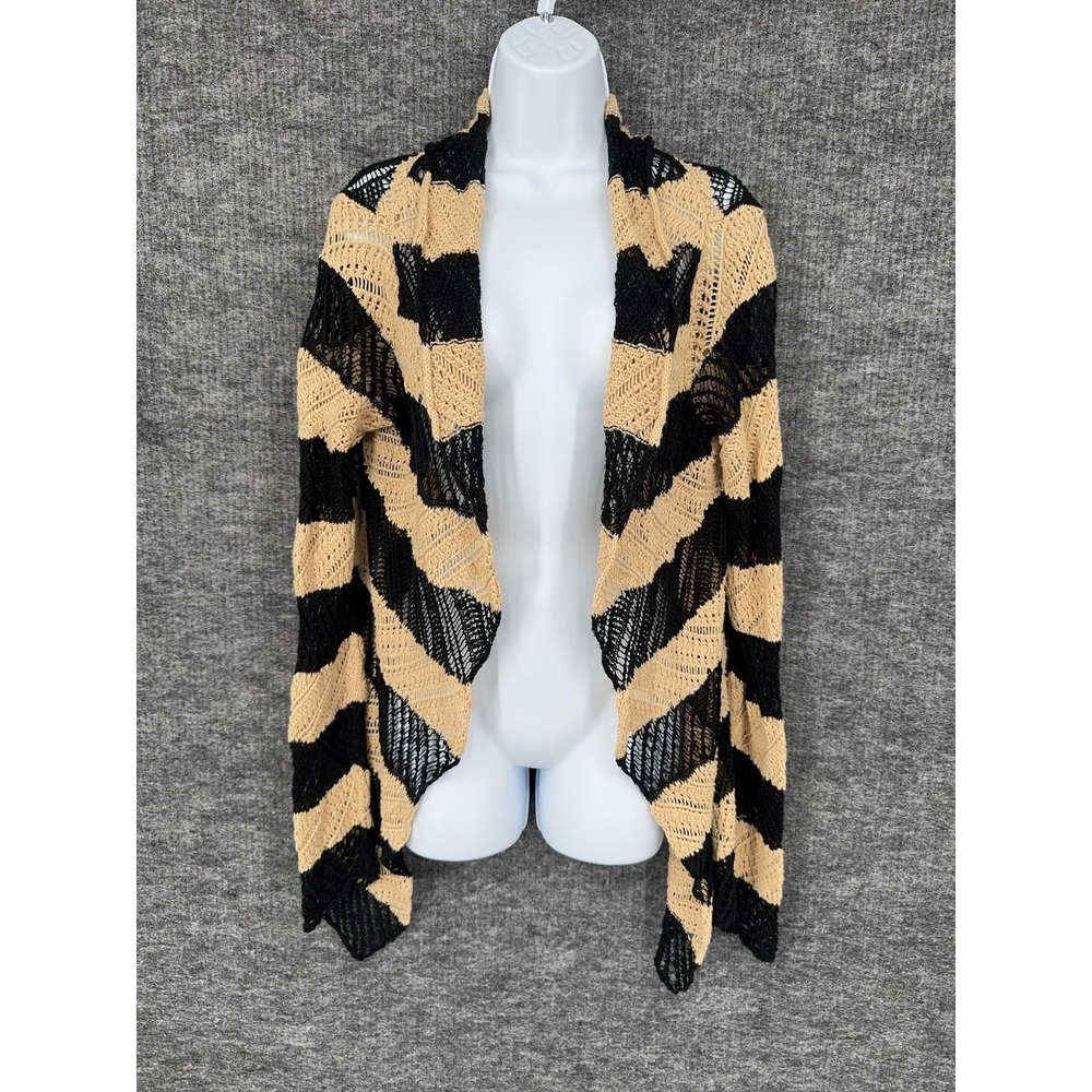 Lauren Ralph‎ Lauren Cardigan Sweater Womens Large Beige Black Striped Open Knit
